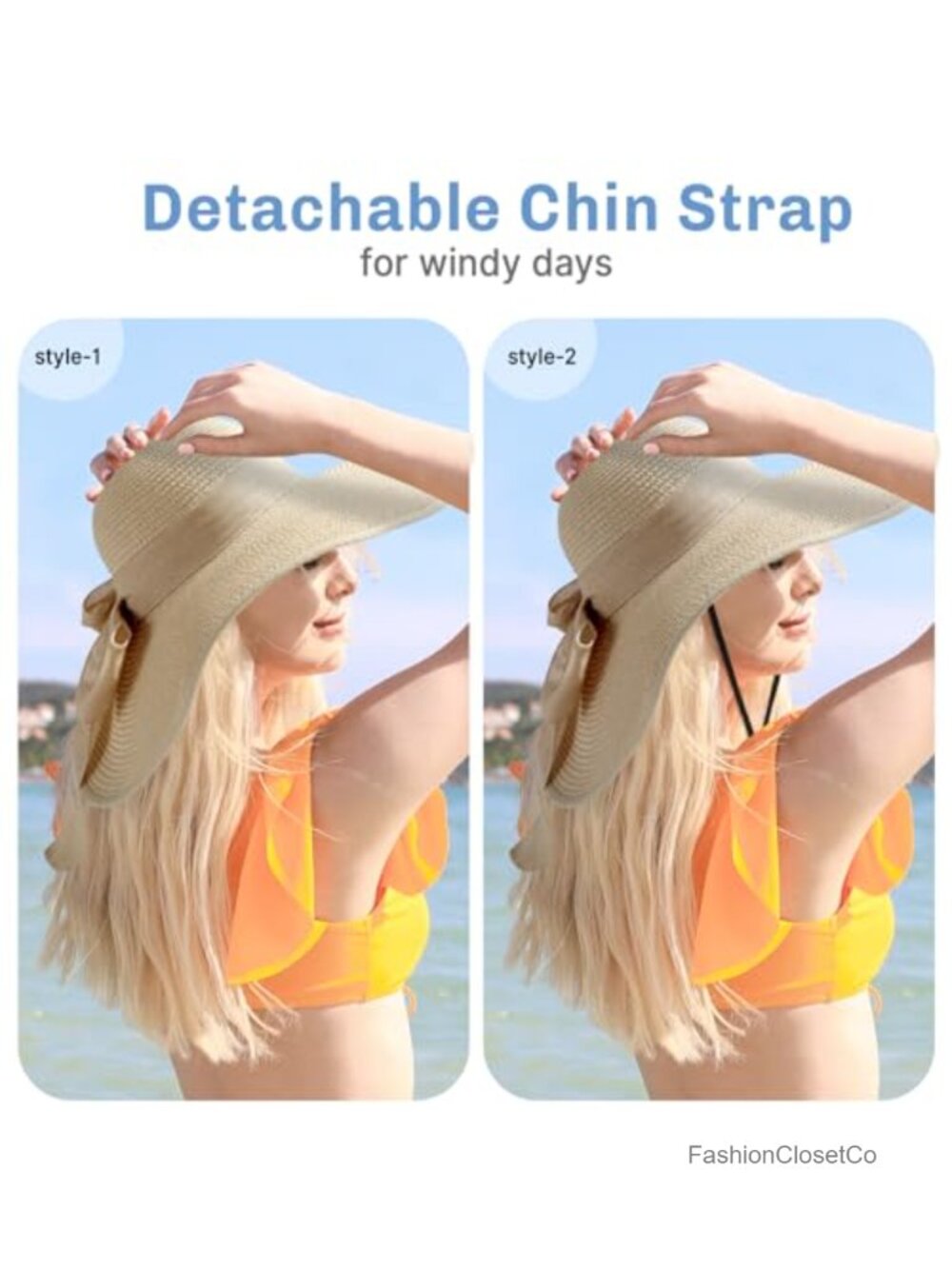 Wide Brim Straw Sun Hat with Chin Strap, Foldable UPF 50+ - Picture 5 of 6